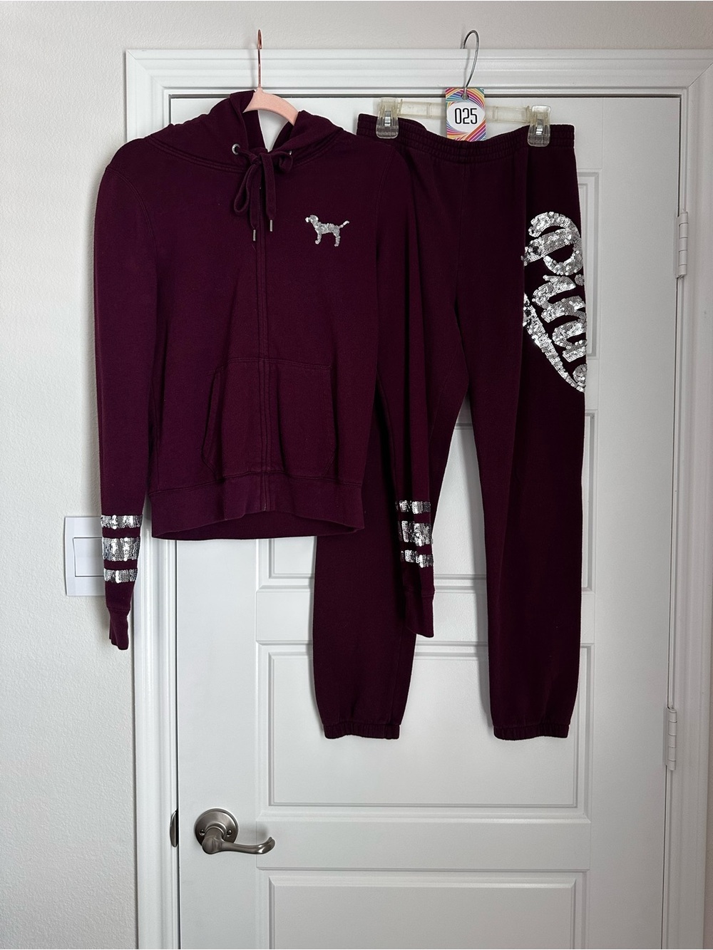 Women’s Burgundy Jogger Sweatpants with Silver Sequin Graphic